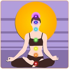 Dessin d'une femme en position du lotus avec les signes des 7 chakras en couleur disposés verticalement le long du corps de la femme Kaosix