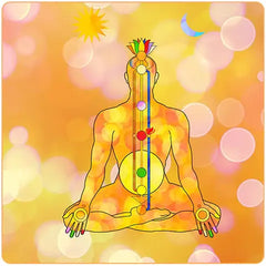 Dessin d'une personne assise en position du lotus les mains sur les genoux et avec les points en couleurs représentants les 7 chakras dans le corps humain Kaosix