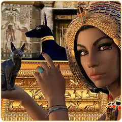 Dessin de la Reine d'Égypte Cléopatre avec un anneau en lapis lazuli à son doigt et un chat noir à coté d'elle Kaosix