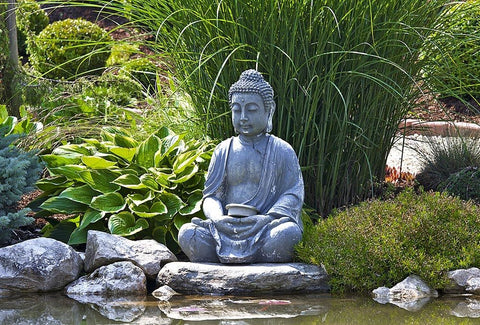 Grand bouddha gris sur un rocher en méditation au bord dun étang kaosix