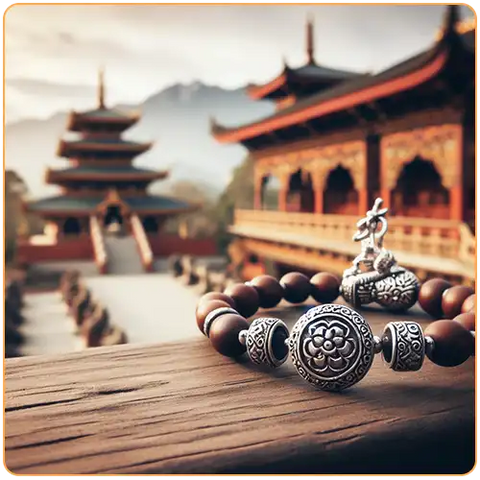 Un bracelet Bouddhiste en gros plan avec un temple Bouddhiste en arrière plan Kaosix