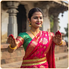 Une femme indienne en train de danser devant un temple et formant un geste Mudra avec les mains kaosix