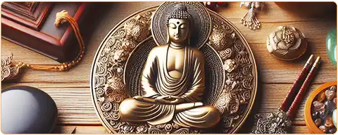 Une statuette de Bouddha en forme d'assiette posée sur une table en bois et entourée de bijoux bouddhistes en pierres kaosix
