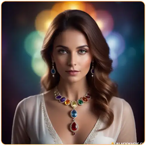 portrait d'une femme portant un collier de pierres aux couleurs des 7 chakras kaosix