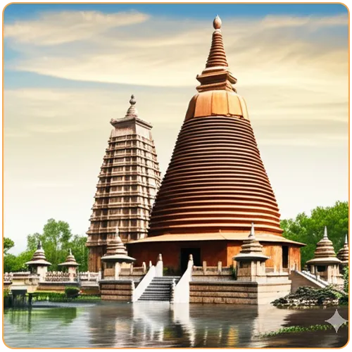 une représentation symbolique de l'Inde ancienne, peut-être un paysage serein avec un temple bouddhiste kaosix