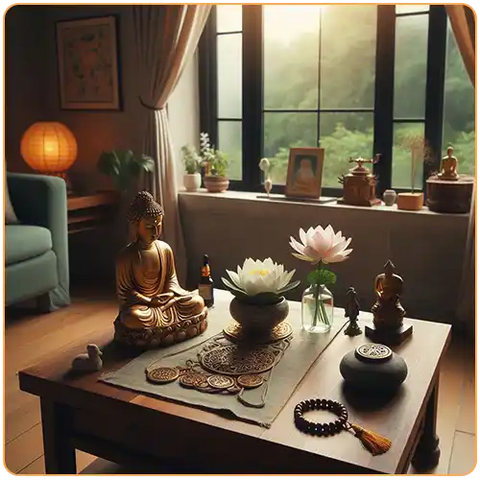 une statuette de Bouddha sur une table de salon avec deux fleyrs de lotus et un bracelet bouddhiste plus divers objets bouddhistes et une fenêtre avec une foret dehors kaosix
