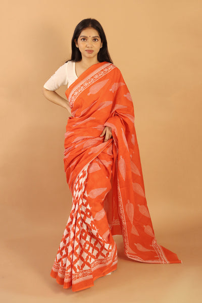 Unnati Silks Brown & Orange Pure Cotton Narayan Peth Saree