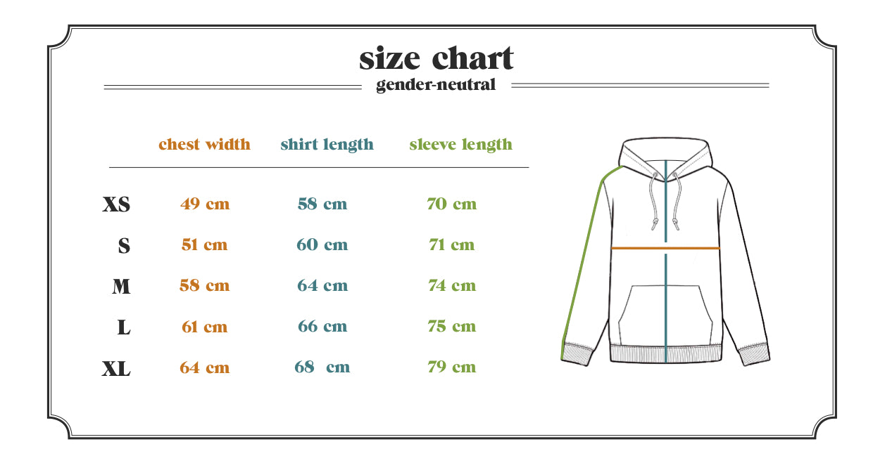 size chart yellow crane hoodie