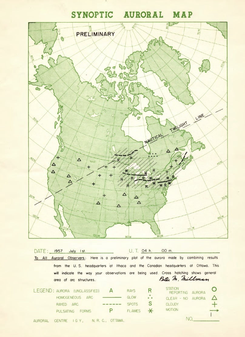 map of north america combining aurora reports to show larger patterns