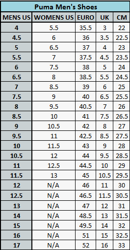 puma football size chart