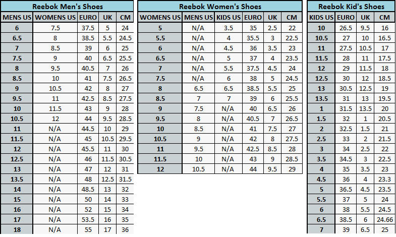 reebok sneakers size chart