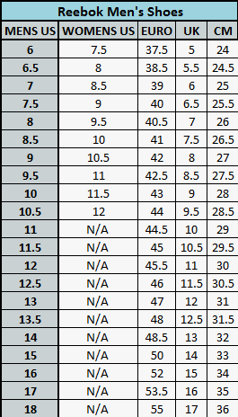 reebok shoe size chart compared to nike