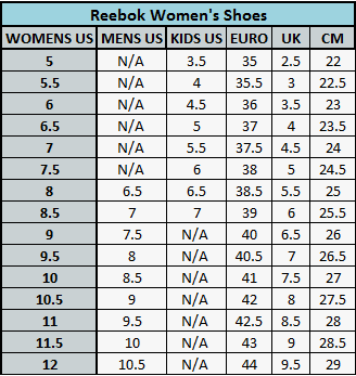 reebok women's size chart