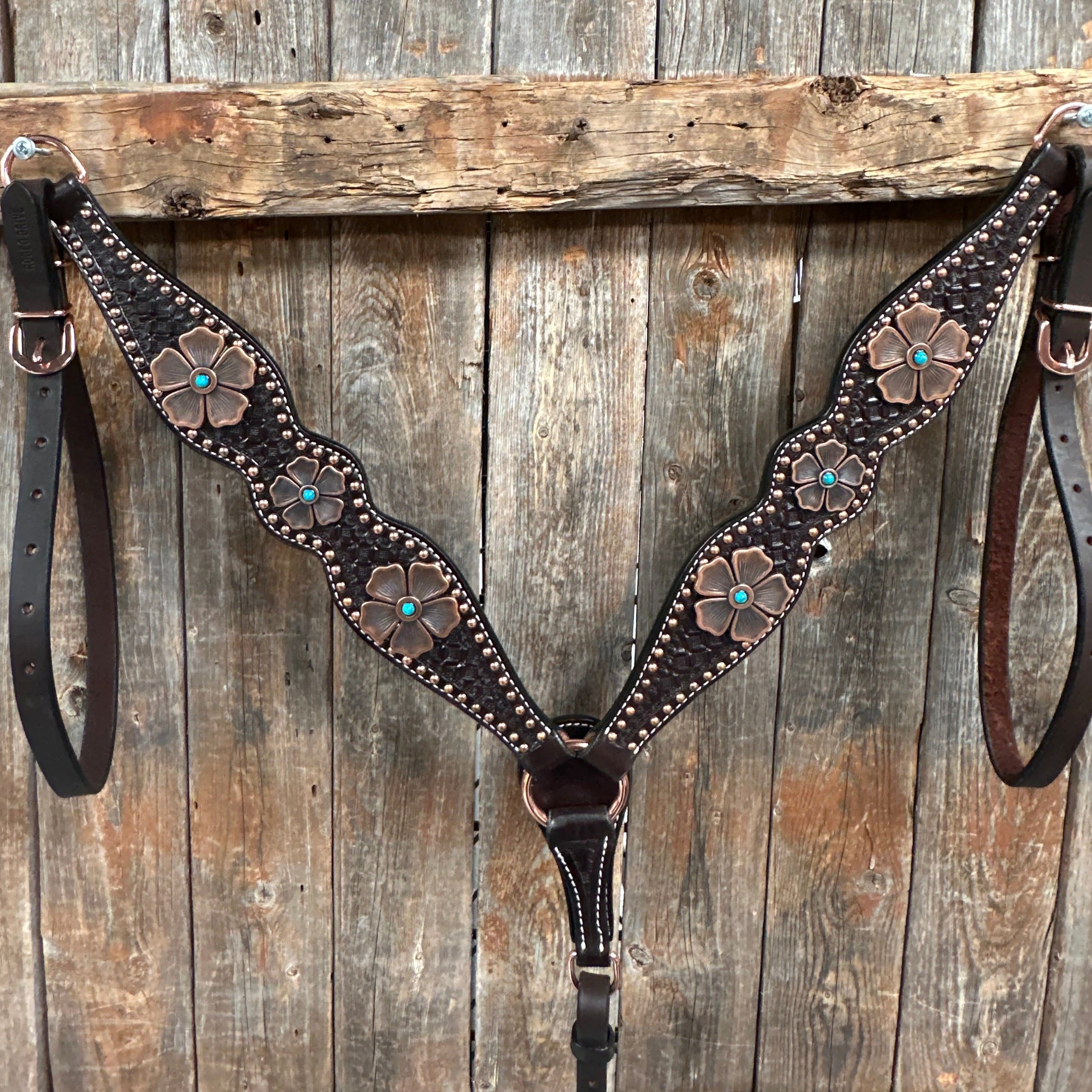 Dark Oil Buckstitch Copper and Turquoise Browband / One Ear / Breastco