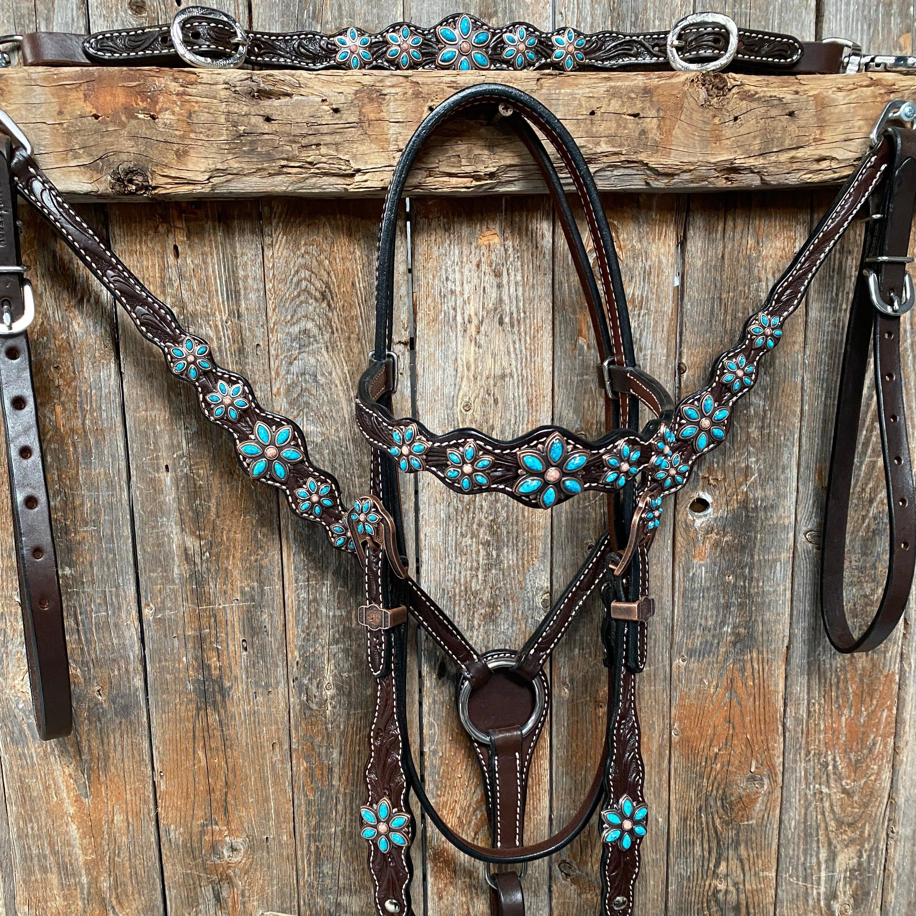 Dark Oil Buckstitch Copper and Turquoise Browband / One Ear / Breastco