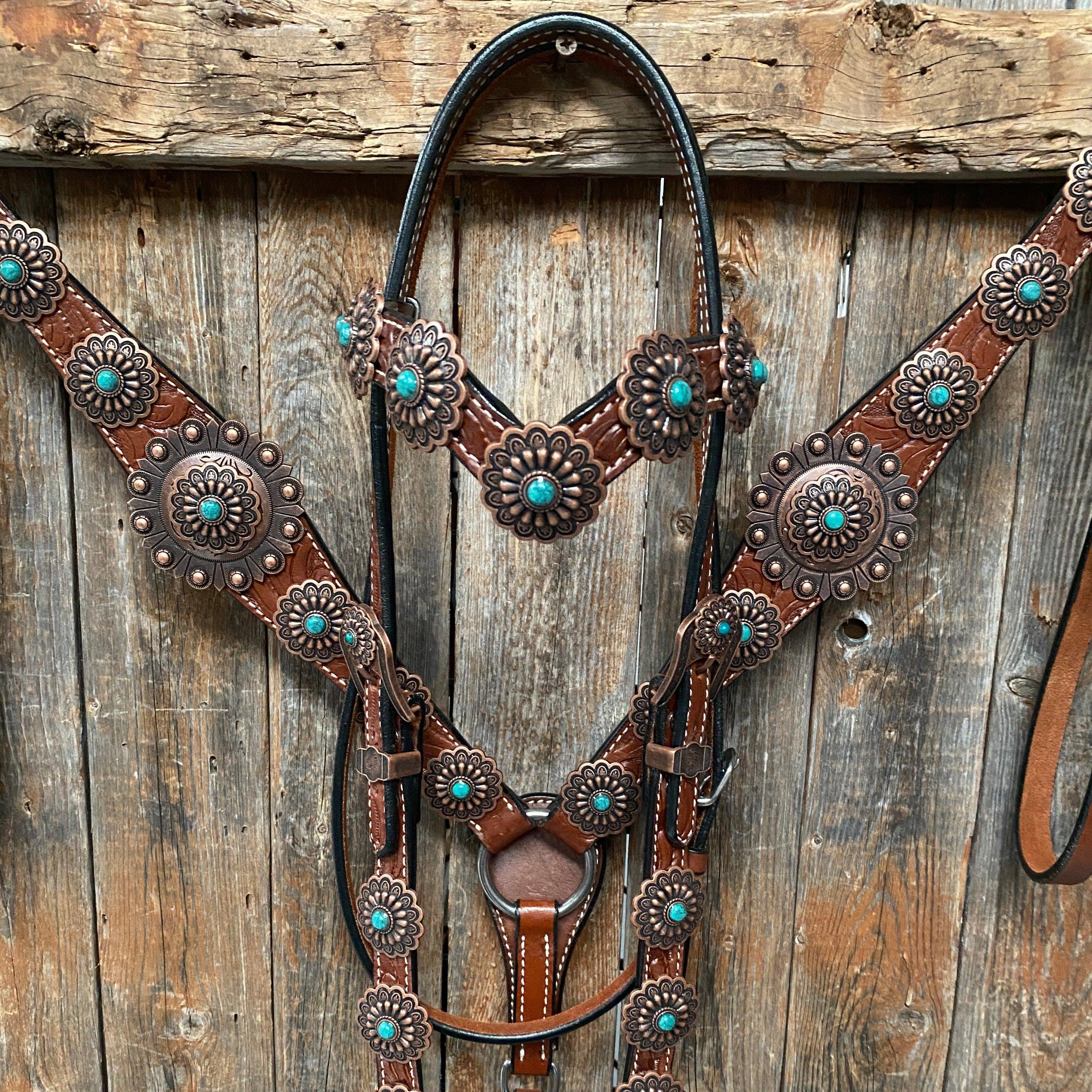 Dark Oil Buckstitch Copper and Turquoise Browband / One Ear / Breastco