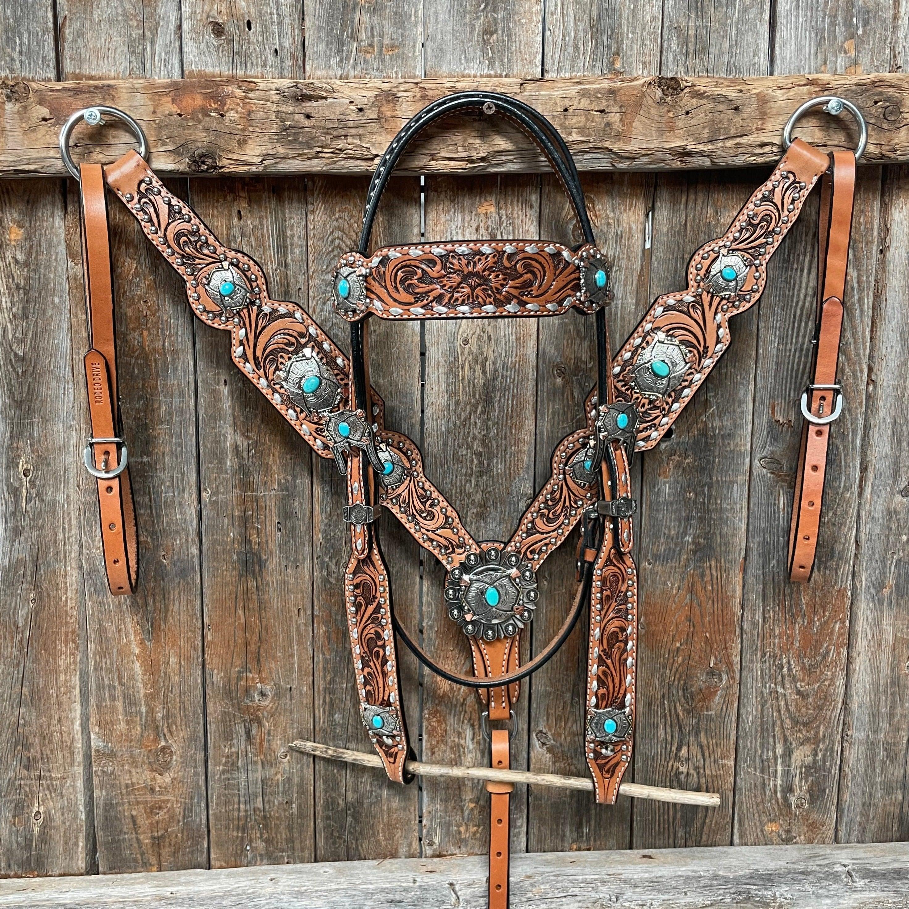 Medium Oil Basketweave Thunderbird Browband/One Ear Tack Set #BBBC489