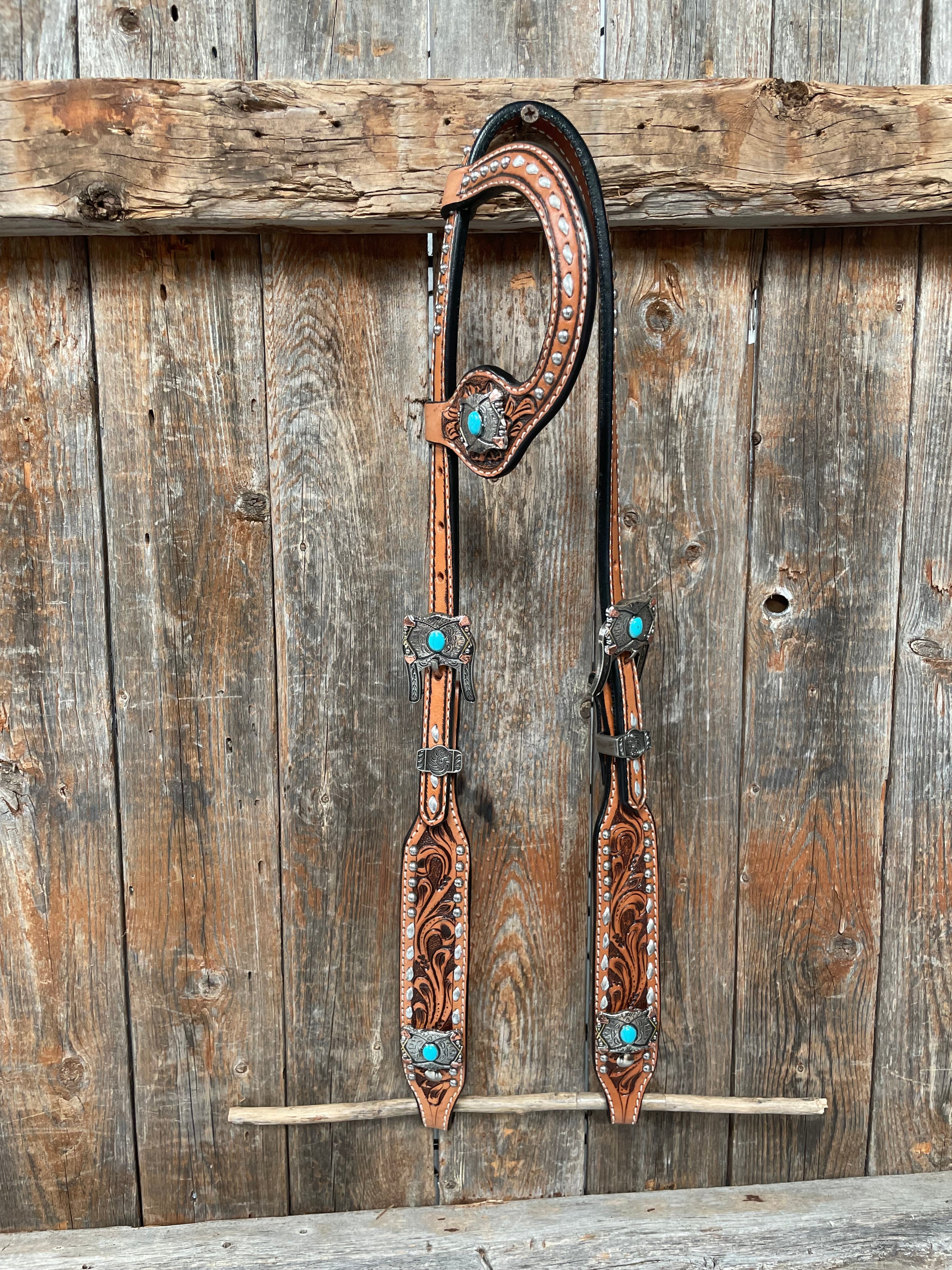 Dark Oil Buckstitch Copper and Turquoise Browband / One Ear / Breastco