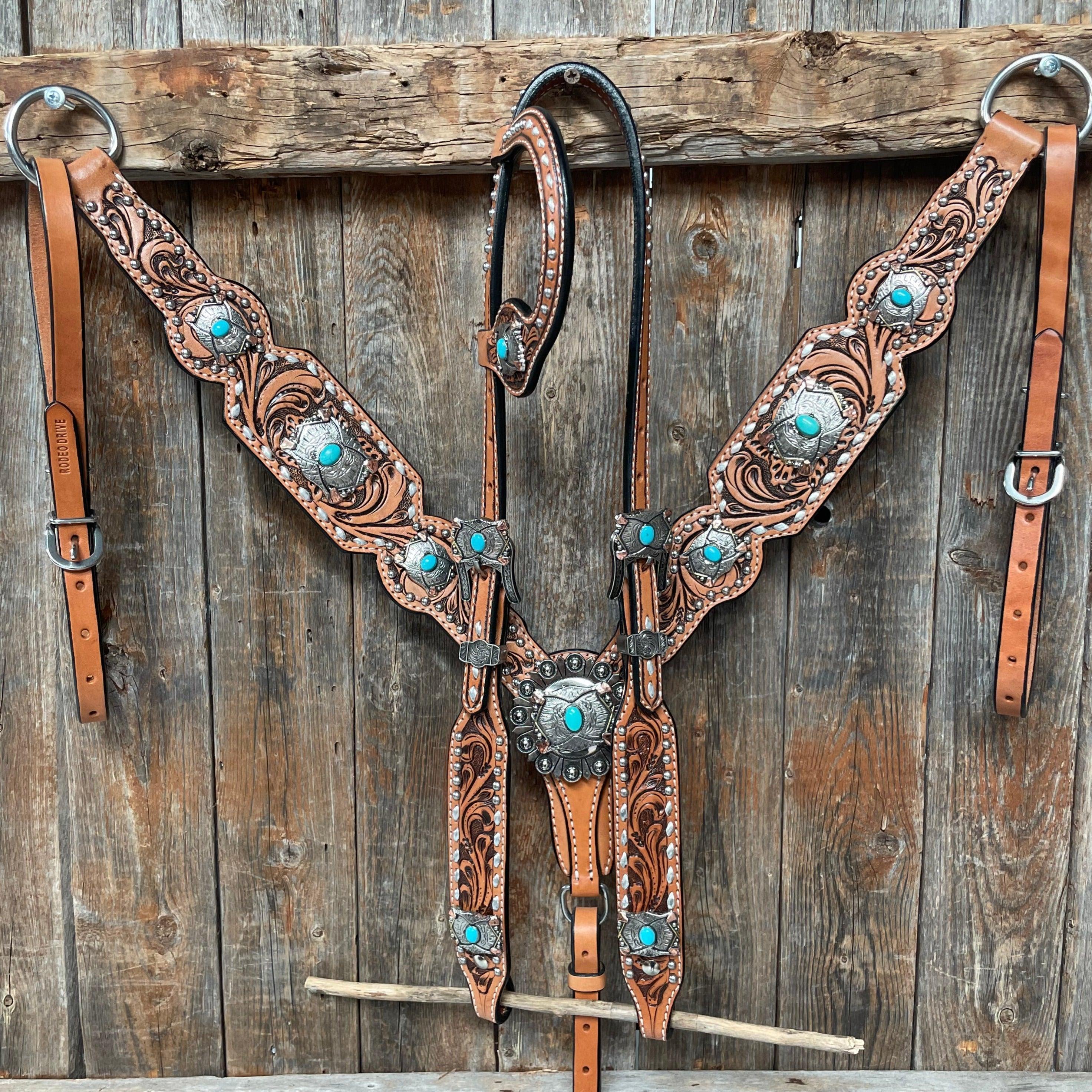 Dark Oil Buckstitch Copper and Turquoise Browband / One Ear / Breastco