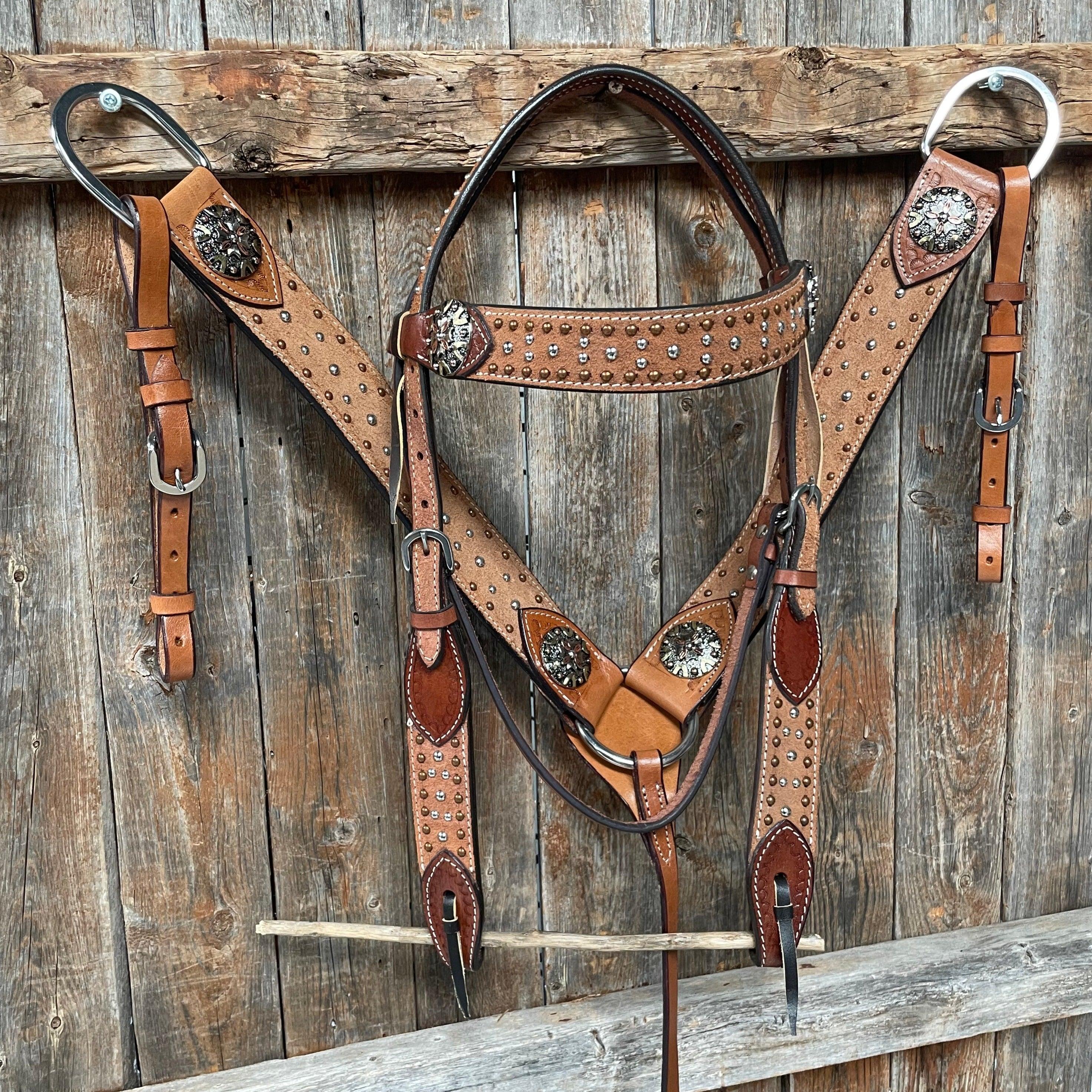 Dark Oil Buckstitch Copper and Turquoise Browband / One Ear / Breastco