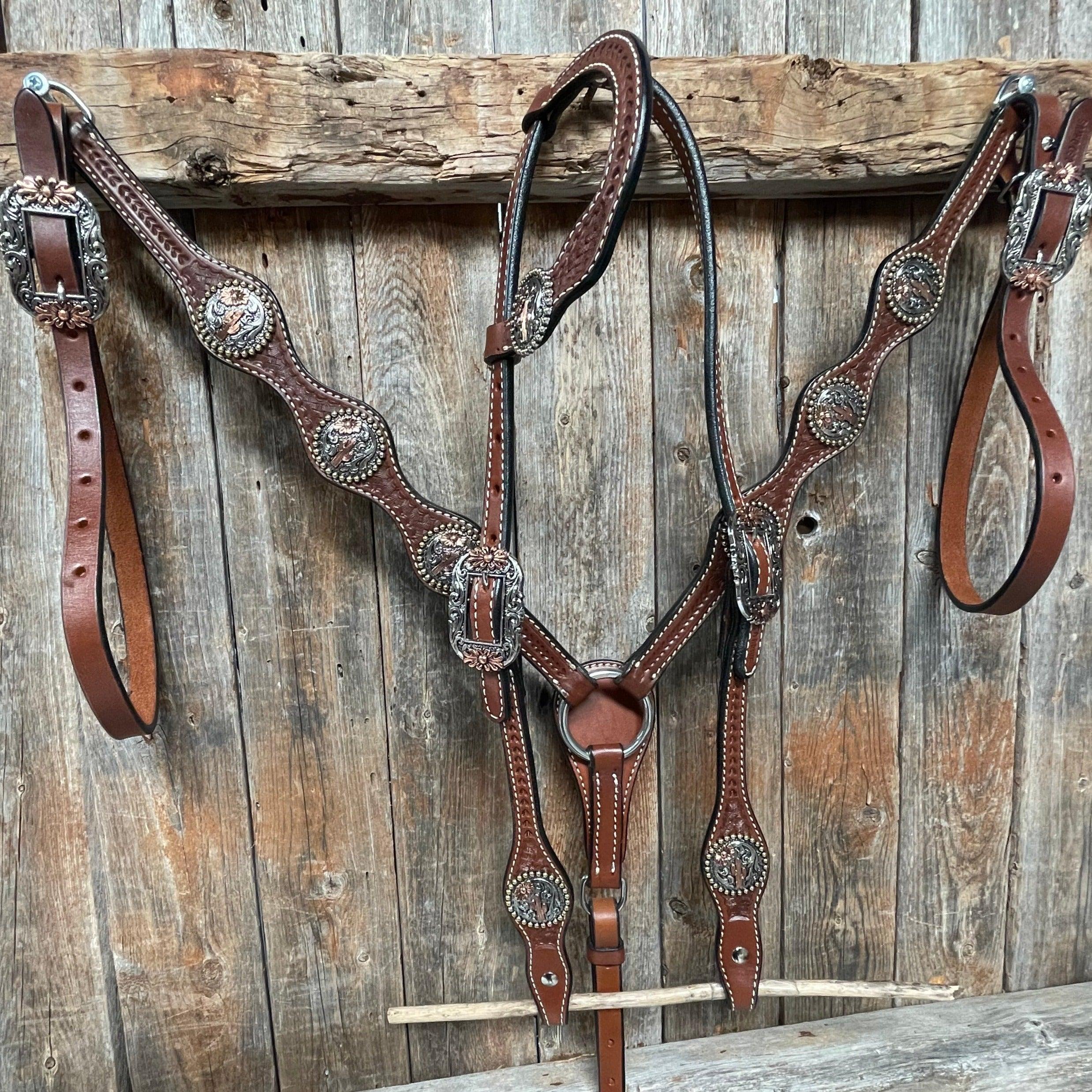 Medium Oil Basketweave Thunderbird Browband/One Ear Tack Set #BBBC489