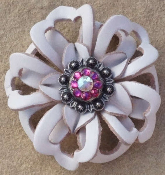 White Lotus Flower With Antique Silver Fuchsia and AB 1" Concho