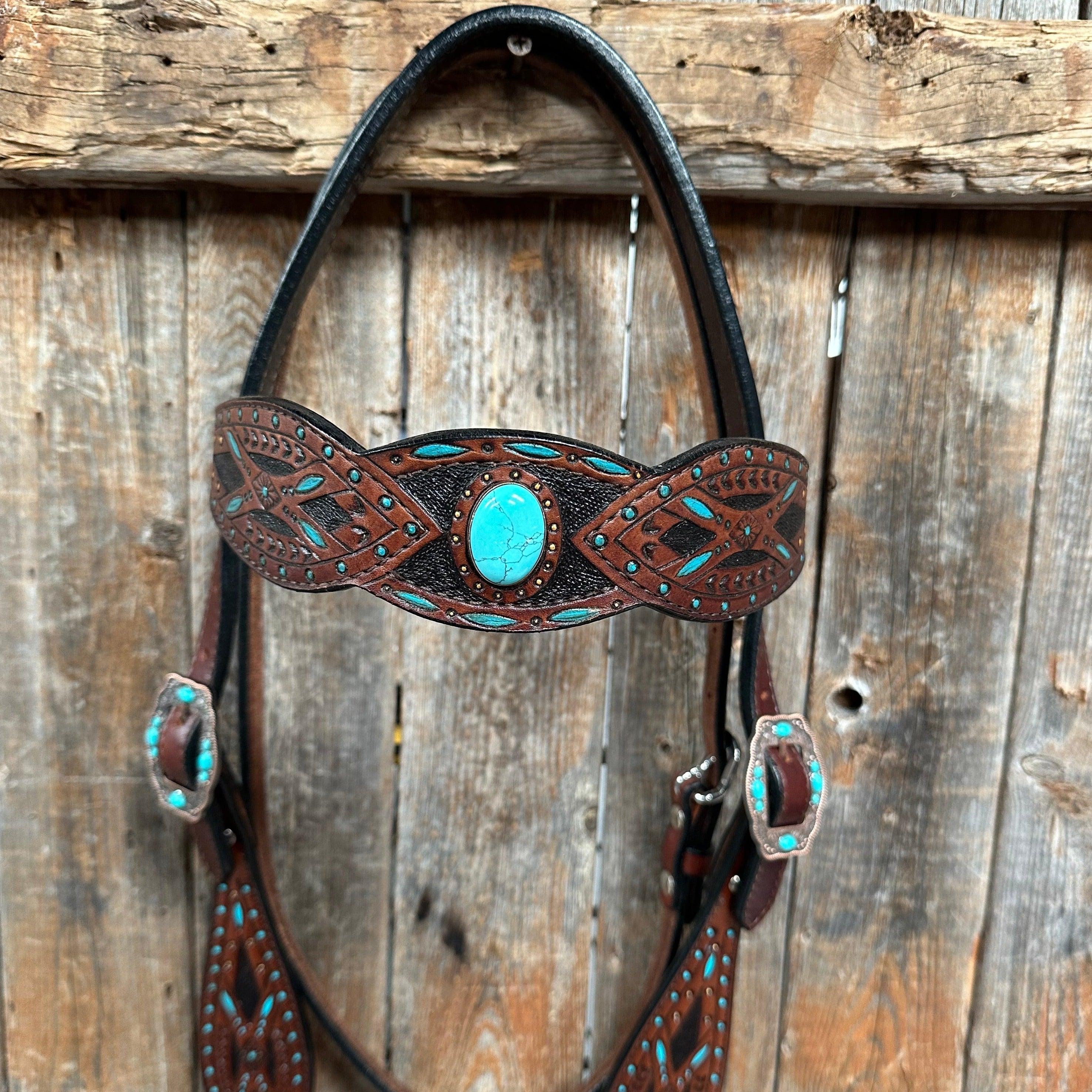 Dark Oil Buckstitch Copper and Turquoise Browband / One Ear / Breastco