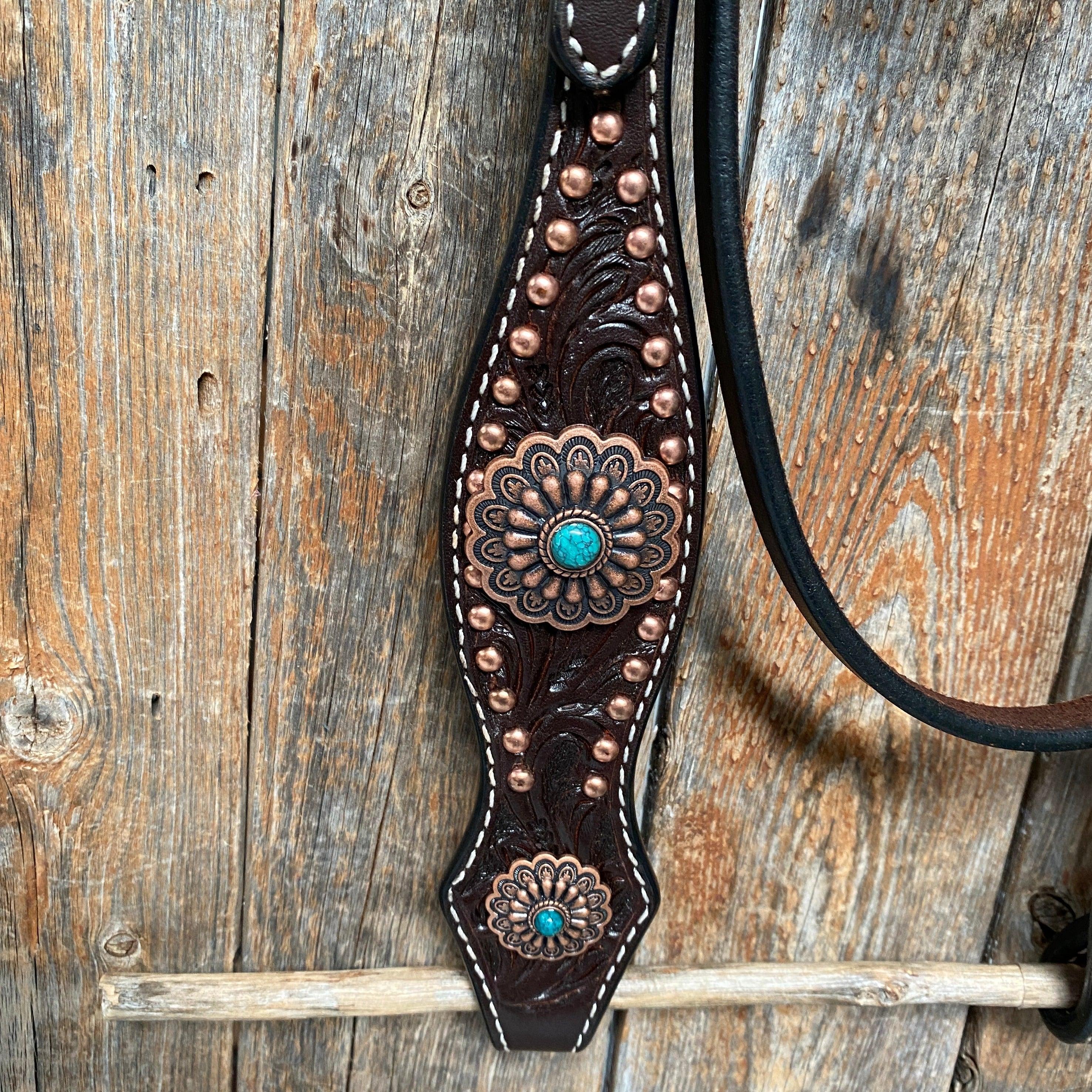 Dark Oil Buckstitch Copper and Turquoise Browband / One Ear / Breastco