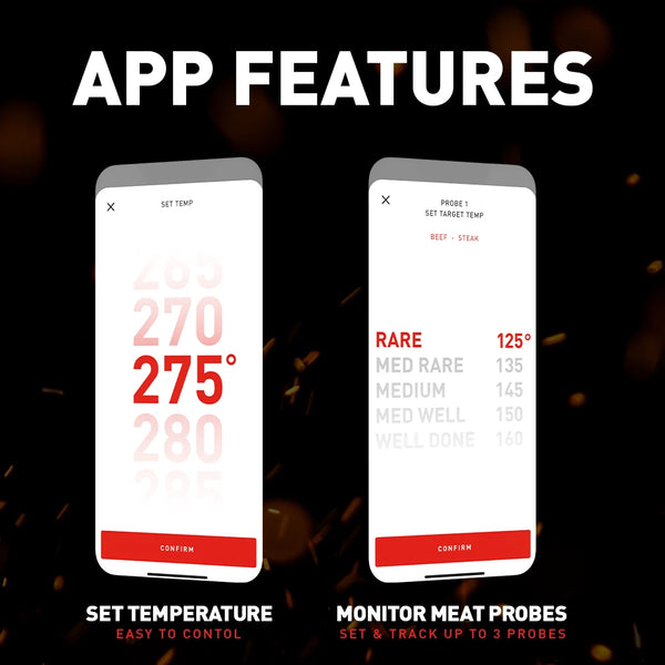2 smartphone screenshots. On the left is the grill temperature setting and on the right is a meat probe monitor screen