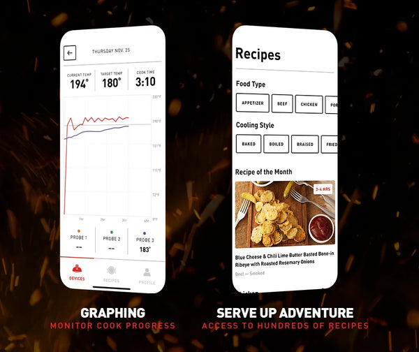 2 smartphone screenshots. On the left is the temperature graphing function and on the right is the recipes feature