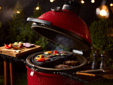 Using a 2-tier Divide & Conquer system to sear steaks and roast veggies at the same time