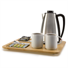 the image shows the bamboo lap tray with a kettle and two cups of coffee