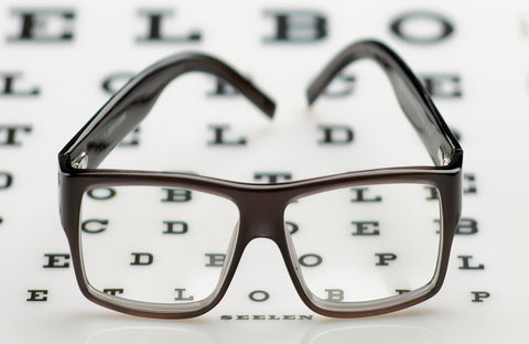 the image shows a pair of glasses on an eye test chart