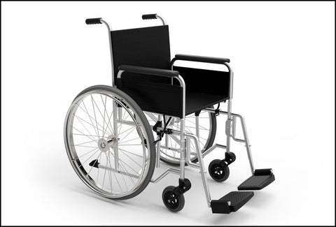 A picture of a black wheelchair on a white background. There isn't anyone sitting in the chair