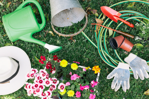 Collection of gardening tools on the lawn