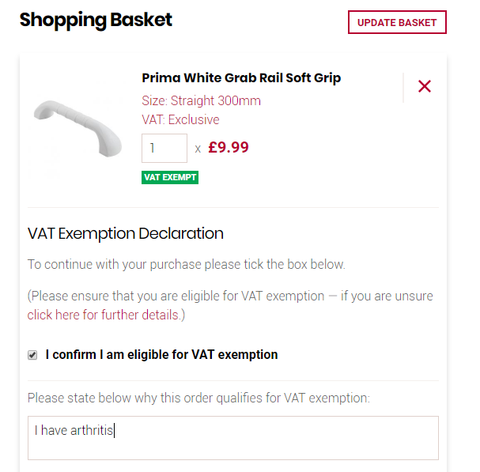 Ability Superstore basket page with VAT exemption declaration