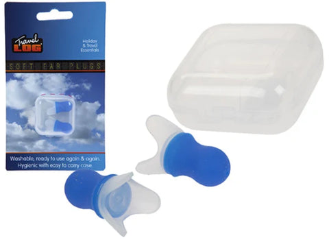 Deluxe Travel Ear Plugs: Two blue ear plugs, their packaging and a small plastic travel tub.