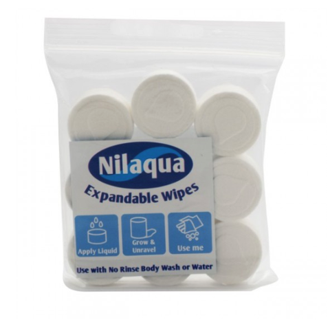 Waterless Nilaqua Wipes in their sealed, transparent packaging