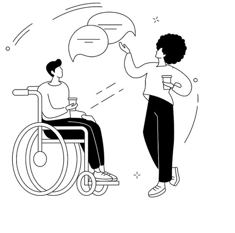 An image of a person standing to the right with a coffee cup. There is another person to the left who is using a wheelchair. They both have a hot drink and are engaged in a conversation.