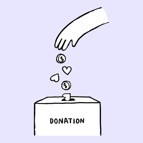An image of a hand putting donations into a donation box on a light purple background