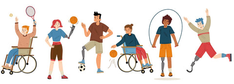 An illustration of a group of disabled people all partaking in different sports and activities.