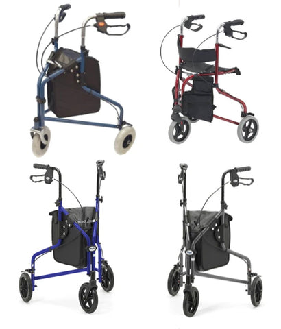 Four of the 3-wheel rollators that are available for sale on the Ability Superstore website
