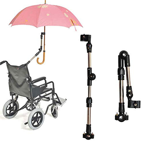 Adjustable Wheelchair Clamp with umbrella attached, with close up of clamp beside it