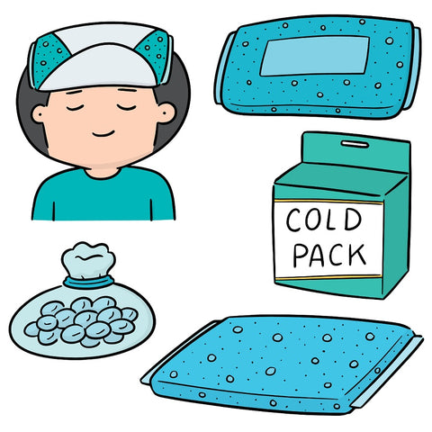 A group of illustrations of cold packs and how they can be used. They are in varying shades of blue and green.