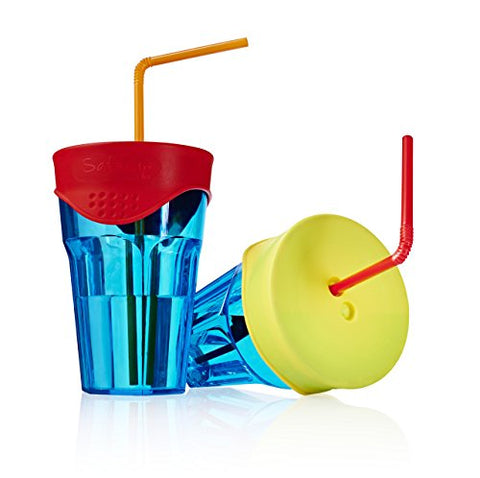 Safe Sips Reusable Drink Covers - Red and Yellow covers with straws fitted on blue tumbler cups.