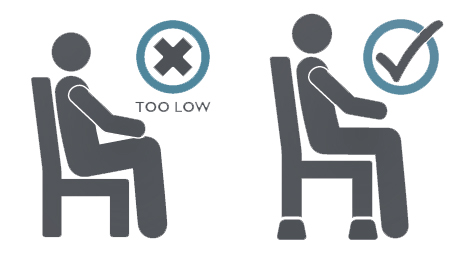 Two stick men – both are sitting in a chair, side view on. In the first image, the chair doesn't have any chair raisers on the bottom of the legs, so he slouched. In the second chair, the chair has some chair raisers which ensures that the stickman is sitting correctly 