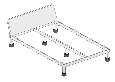 A simple diagram of a bed. The picture shows where someone needs to place chair raisers to raise the bed correctly and safely