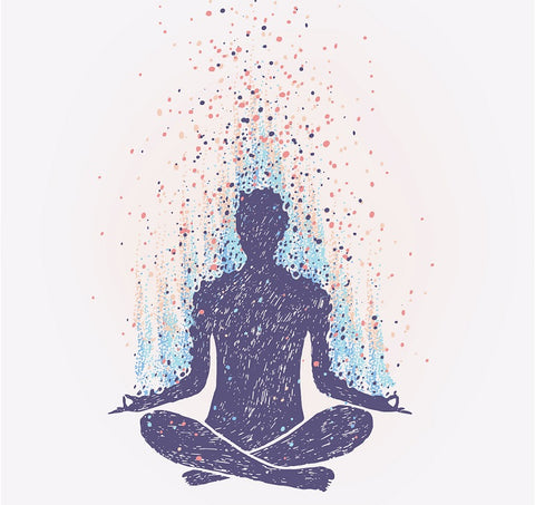 An illustration of someone meditating surrounded by colour. 