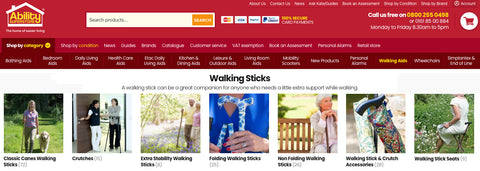 Shows the main walking stick categories available for sale on the Ability Superstore website