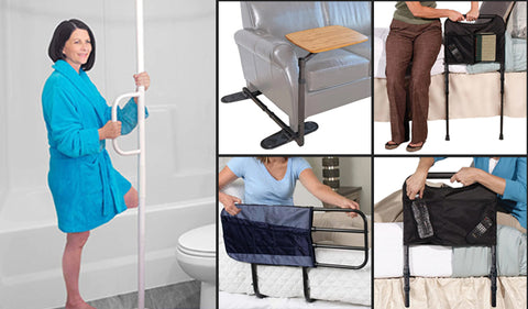 A photographic montage of five of the Able Life products, the (1) Floor to Ceiling Universal Grab Rail, the (2) Swivel Tray Table, the (3) Bedside Sturdy Rail with Legs, the (4) Bedside Extend-A-Rail and the (5) Bedside Safety Handle and Integral Pouch